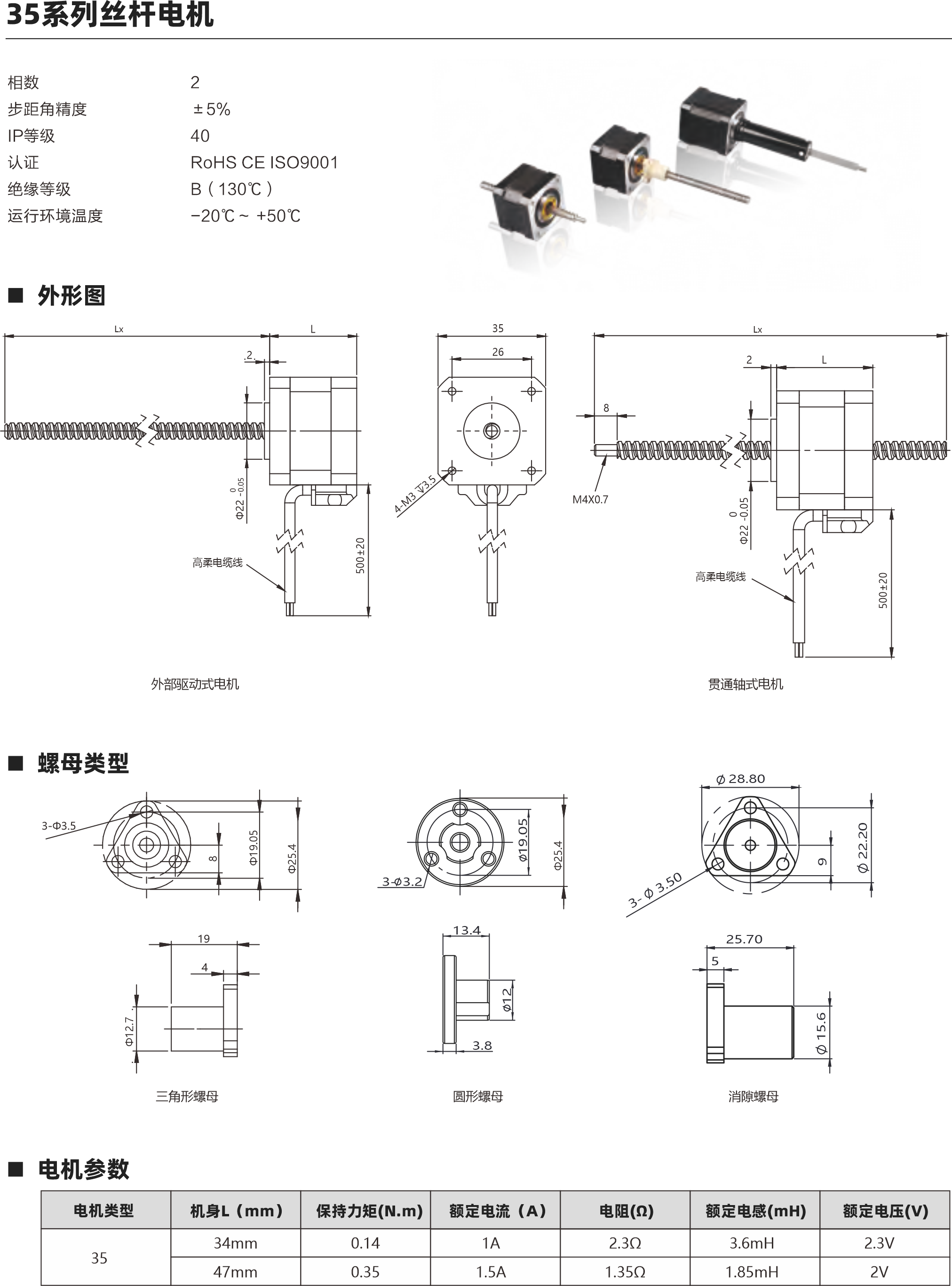 相數(shù)  步距角精度 IP等級  認(rèn)證 絕緣等級 運行環(huán)境溫度 2 ±5％ 40 RoHS CE ISO9001 B（130℃） -20℃～ +50℃ 螺母類型 電機參數(shù) 28 34mm 0.06 1A 2.1Ω 1.4mH 2.1V 45mm 0.12 1A 3Ω 2.2mH 3V 51mm 0.18 1A 3.5Ω 3mH 3.5V 電機類型 機身L（mm） 保持力矩(N.m) 額定電流（A） 電阻(Ω) 額定電感(mH) 額定電壓(V)